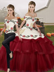 Edgy Wine Red Lace Up Off The Shoulder Embroidery and Ruffled Layers Sweet 16 Dresses Tulle Sleeveless Brush Train