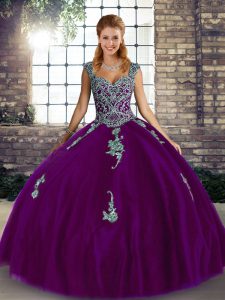Modest Purple Quinceanera Gown Military Ball and Sweet 16 and Quinceanera with Beading and Appliques Straps Sleeveless Lace Up