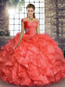 Elegant Coral Red Ball Gowns Organza Off The Shoulder Sleeveless Beading and Ruffles Floor Length Lace Up Quinceanera Gowns