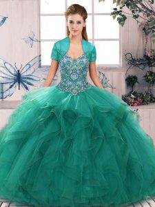 Cute Floor Length Turquoise Sweet 16 Dress Tulle Sleeveless Beading and Ruffles