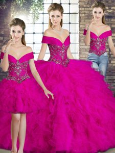 High End Off The Shoulder Sleeveless 15th Birthday Dress Floor Length Beading and Ruffles Fuchsia Tulle