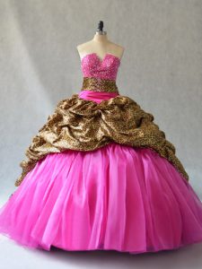 Hot Pink Ball Gowns Organza V-neck Sleeveless Beading and Pick Ups Lace Up Ball Gown Prom Dress Brush Train