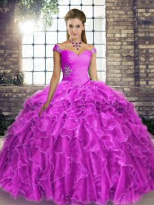 Customized Lilac Lace Up 15 Quinceanera Dress Beading and Ruffles Sleeveless Brush Train