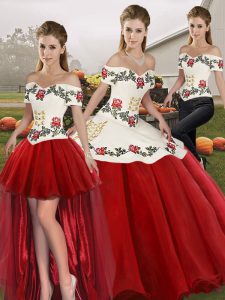 White And Red Sleeveless Organza Lace Up Quinceanera Gowns for Military Ball and Sweet 16 and Quinceanera
