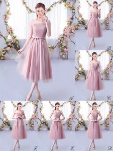 Luxurious Pink Tulle Lace Up Quinceanera Dama Dress Sleeveless Tea Length Belt