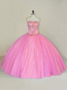 Inexpensive Tulle Strapless Sleeveless Lace Up Beading 15 Quinceanera Dress in Pink
