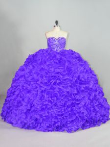Clearance Sweetheart Sleeveless Court Train Lace Up Quince Ball Gowns Purple Fabric With Rolling Flowers