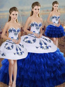 Enchanting Royal Blue Sleeveless Floor Length Embroidery and Ruffled Layers and Bowknot Lace Up Ball Gown Prom Dress