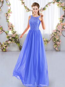 Designer Blue Empire Chiffon Scoop Sleeveless Lace Floor Length Zipper Quinceanera Court of Honor Dress