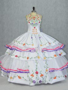 Sleeveless Floor Length Embroidery and Ruffled Layers Lace Up Sweet 16 Quinceanera Dress with White