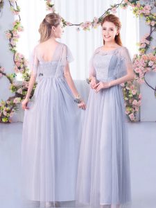 Admirable Tulle Scoop Short Sleeves Side Zipper Lace and Belt Dama Dress for Quinceanera in Grey