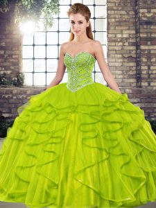 Low Price Olive Green Tulle Lace Up Sweetheart Sleeveless Floor Length Quinceanera Gowns Beading and Ruffles