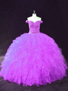 Deluxe Tulle Off The Shoulder Sleeveless Lace Up Beading and Ruffles 15 Quinceanera Dress in Purple