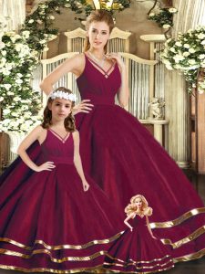 Elegant Floor Length Backless 15 Quinceanera Dress Burgundy for Sweet 16 and Quinceanera with Ruffled Layers