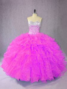 Elegant Lilac Organza Lace Up Sweet 16 Quinceanera Dress Sleeveless Floor Length Ruffles