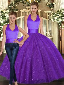 Sweet Purple Two Pieces Halter Top Sleeveless Sequined Floor Length Lace Up Ruching Quince Ball Gowns