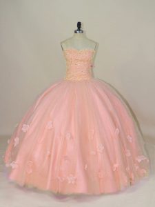 Low Price Floor Length Pink Quince Ball Gowns Tulle Sleeveless Hand Made Flower