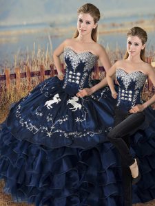 Custom Designed Two Pieces Quince Ball Gowns Navy Blue Sweetheart Satin and Organza Sleeveless Floor Length Lace Up
