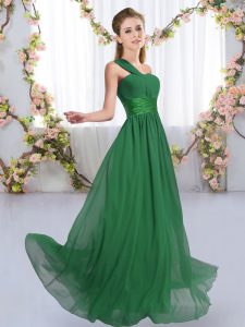 Pretty Dark Green Chiffon Lace Up Dama Dress for Quinceanera Sleeveless Floor Length Ruching