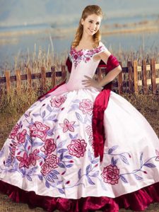 Customized Off The Shoulder Sleeveless Quinceanera Dresses Floor Length Embroidery Fuchsia Satin and Organza