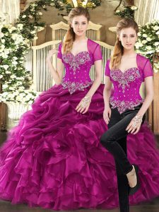 Stylish Fuchsia Organza Lace Up Quinceanera Dress Sleeveless Floor Length Beading and Ruffles and Pick Ups