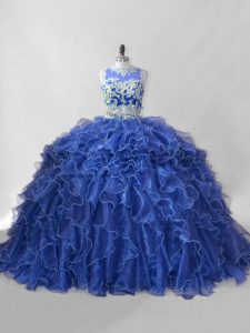 Elegant Blue Zipper Scoop Beading and Ruffles Ball Gown Prom Dress Organza Sleeveless Brush Train