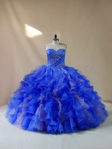 Glamorous Royal Blue Organza Lace Up Sweetheart Sleeveless Floor Length Vestidos de Quinceanera Beading and Ruffles