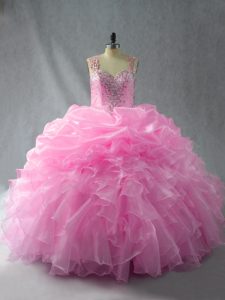 Baby Pink Ball Gowns Straps Sleeveless Organza Floor Length Zipper Beading and Ruffles and Pick Ups Vestidos de Quinceanera