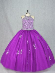 Captivating Purple Tulle Lace Up 15 Quinceanera Dress Sleeveless Floor Length Beading and Appliques