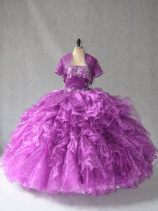 Purple Ball Gowns Strapless Sleeveless Organza Floor Length Lace Up Beading and Ruffles Sweet 16 Dresses