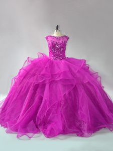 Customized Fuchsia Organza Lace Up Ball Gown Prom Dress Long Sleeves Brush Train Beading and Ruffles