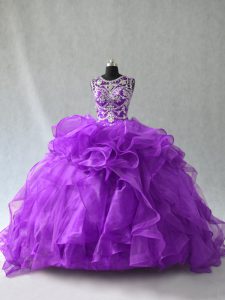 Best Purple Ball Gowns Scoop Sleeveless Organza Floor Length Lace Up Beading and Ruffles Sweet 16 Dresses