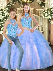 Fancy Sleeveless Lace Up Floor Length Embroidery and Ruffles Quince Ball Gowns