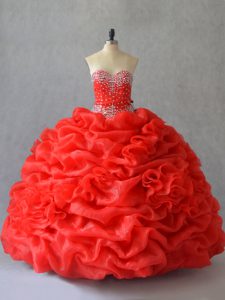 Stunning Red Organza Lace Up Vestidos de Quinceanera Sleeveless Floor Length Pick Ups and Hand Made Flower