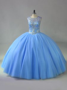 Blue Tulle Lace Up Scoop Sleeveless Floor Length Quinceanera Dress Beading