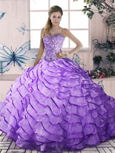 Stunning Lavender Lace Up Sweetheart Beading and Ruffled Layers Sweet 16 Quinceanera Dress Organza Sleeveless