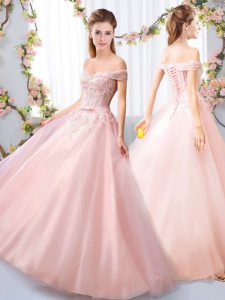 Great Pink Lace Up Damas Dress Appliques and Belt Sleeveless Floor Length