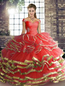Sleeveless Tulle Floor Length Lace Up Quinceanera Dress in Coral Red with Beading and Ruffled Layers