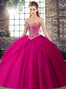 Flirting Sleeveless Beading and Pick Ups Lace Up 15th Birthday Dress with Fuchsia Brush Train