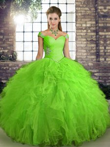 Best Tulle Lace Up Off The Shoulder Sleeveless Floor Length Sweet 16 Dress Beading and Ruffles