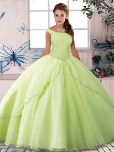 Popular Off The Shoulder Sleeveless Tulle Quinceanera Dresses Beading Brush Train Lace Up