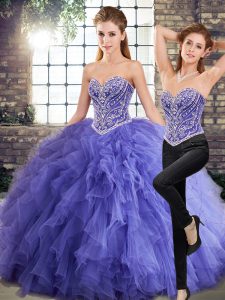 High Class Lavender Two Pieces Beading and Ruffles Quince Ball Gowns Lace Up Tulle Sleeveless Floor Length