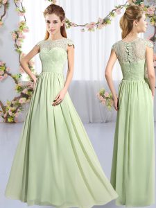Yellow Green Cap Sleeves Floor Length Lace Clasp Handle Quinceanera Court of Honor Dress