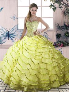 Most Popular Organza Halter Top Sleeveless Brush Train Lace Up Beading and Ruffled Layers 15 Quinceanera Dress in Yellow Green