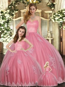 Watermelon Red Lace Up Quinceanera Gown Appliques Sleeveless Floor Length