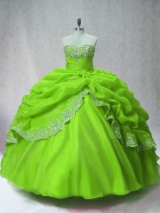 Green 15th Birthday Dress Sweet 16 and Quinceanera with Beading and Appliques and Pick Ups Sweetheart Long Sleeves Lace Up