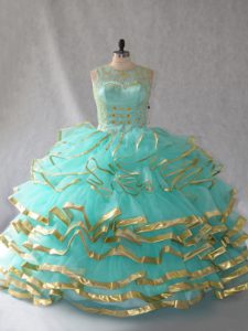 Glittering Aqua Blue Lace Up Scoop Beading and Embroidery and Ruffles and Ruffled Layers Sweet 16 Quinceanera Dress Organza Sleeveless