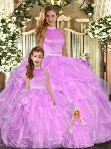 Fitting Halter Top Sleeveless Sweet 16 Dresses Floor Length Beading and Ruffles Lilac Organza