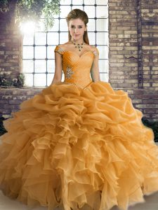 Attractive Off The Shoulder Sleeveless Quinceanera Gown Floor Length Beading and Ruffles and Pick Ups Orange Organza