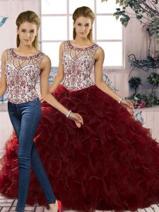 Deluxe Burgundy Sleeveless Floor Length Beading and Ruffles Lace Up 15th Birthday Dress